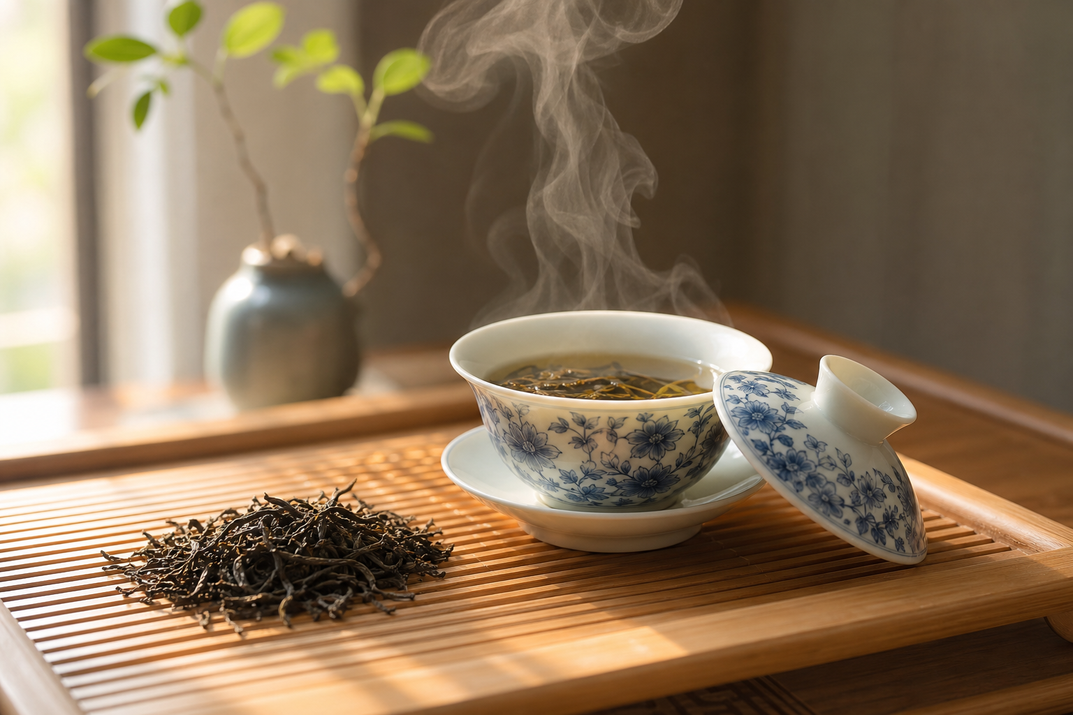 Traditionele Chinese gaiwan met thee op bamboe dienblad
