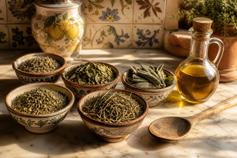 Italiaanse keuken met gedroogde kruiden: oregano, basilicum, rozemarijn, tijm en salie in keramische kommetjes
