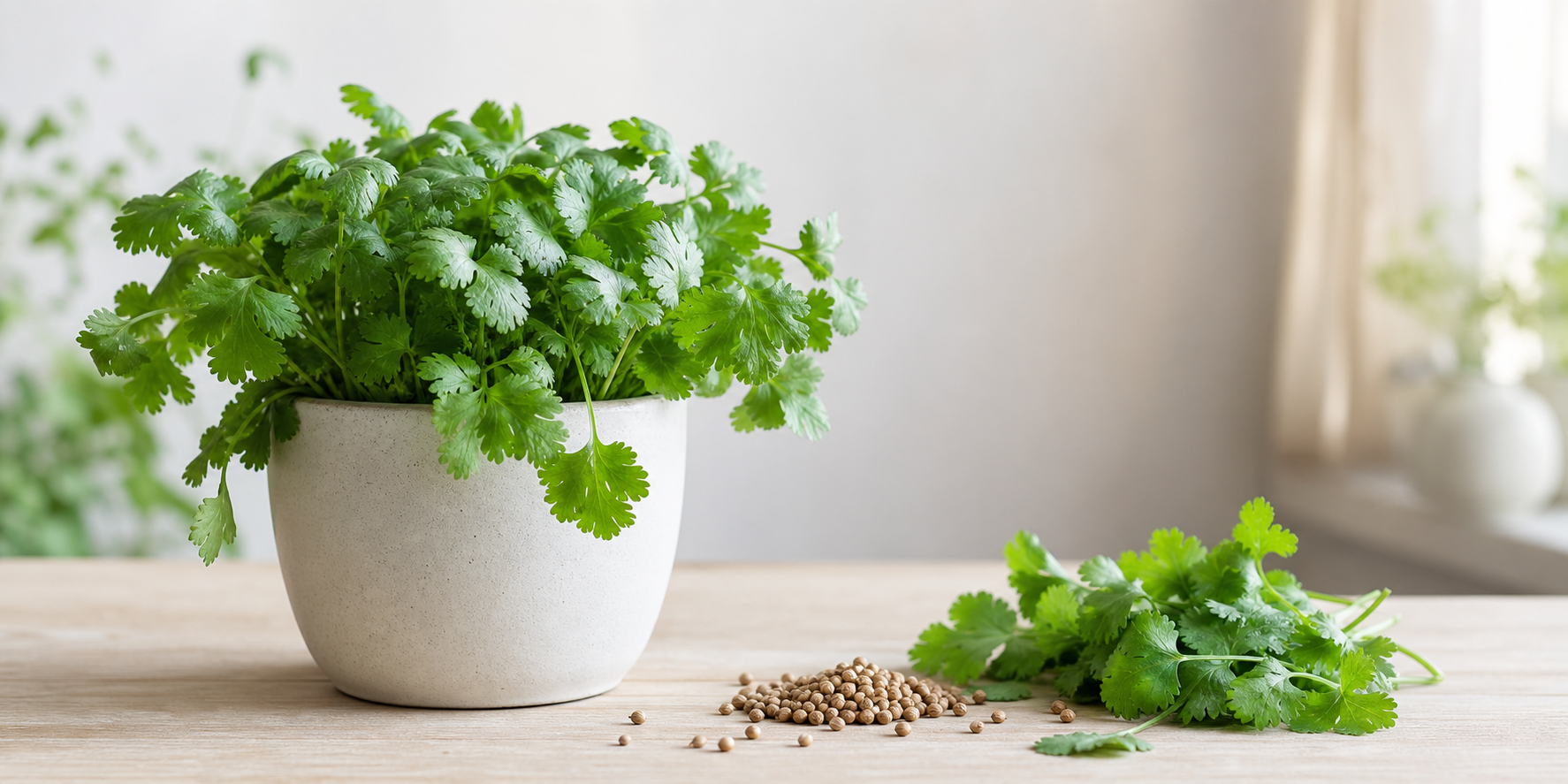 Korianderplant in een pot met korianderblaadjes en zaden op tafel