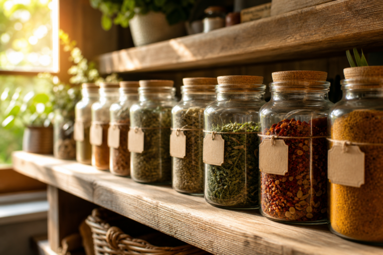Glazen potjes met gedroogde kruiden en specerijen in een voorraadkast, gelabeld op een houten plank