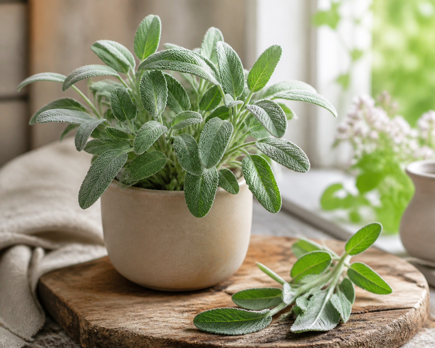Salieplant in pot met grijsgroene salieblaadjes op een houten plank