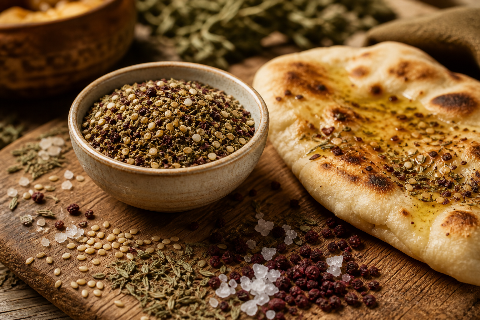 Kommetje zelfgemaakte zaatar met tijm, sumak, sesamzaad en platbrood met olijfolie op een houten tafel